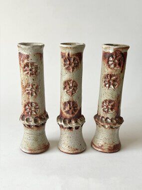 Set of 3 Brutalist Studio Pottery Reversible Bud Vases / Candle Holders MCM